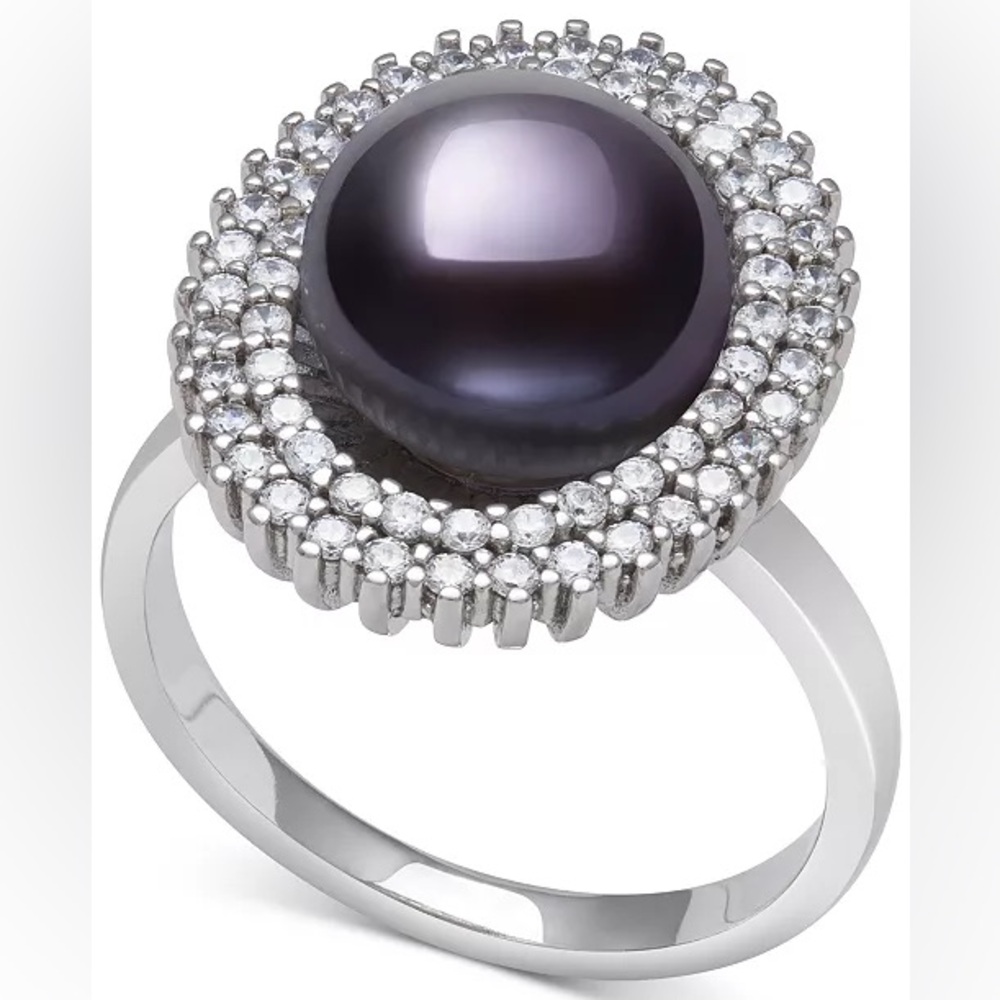 Macys Black Freshwater Pearl & Cubic Zirconia Halo Sterling Silver Ring